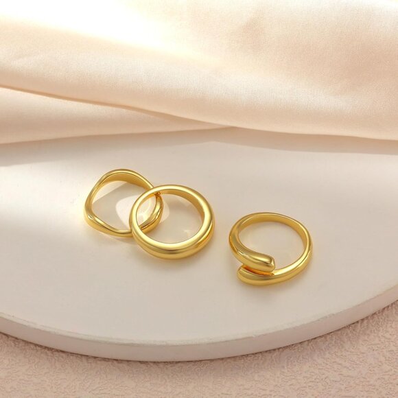 Women Dainty 3pc Stackable Chunky Rings Non Tarnish-Fashion Trendy 14K Gold - Picture 6 of 9